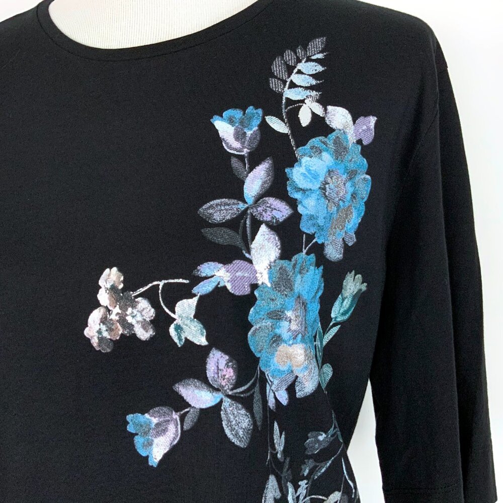 New Sisley Women's Black T-Shirt Floral Print Sz M - Picture 10 of 16